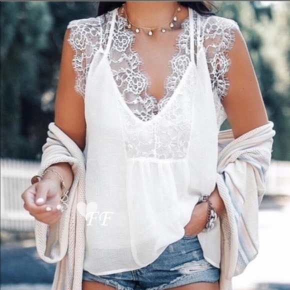 NWT White Chiffon Lace Blouse - Picture 7 of 9
